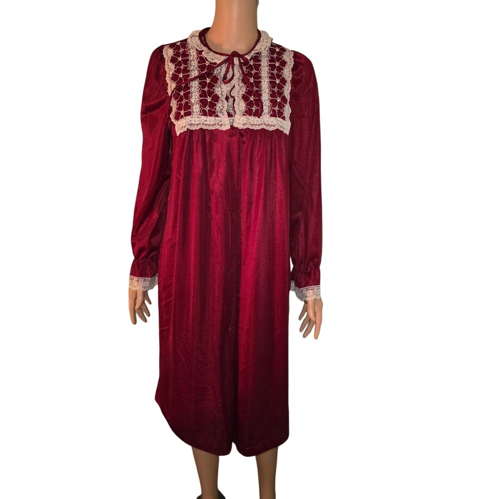 Vintage Gossard Artemis Nightgown Medium Red Lace Trim Tie Neck Lingerie‎